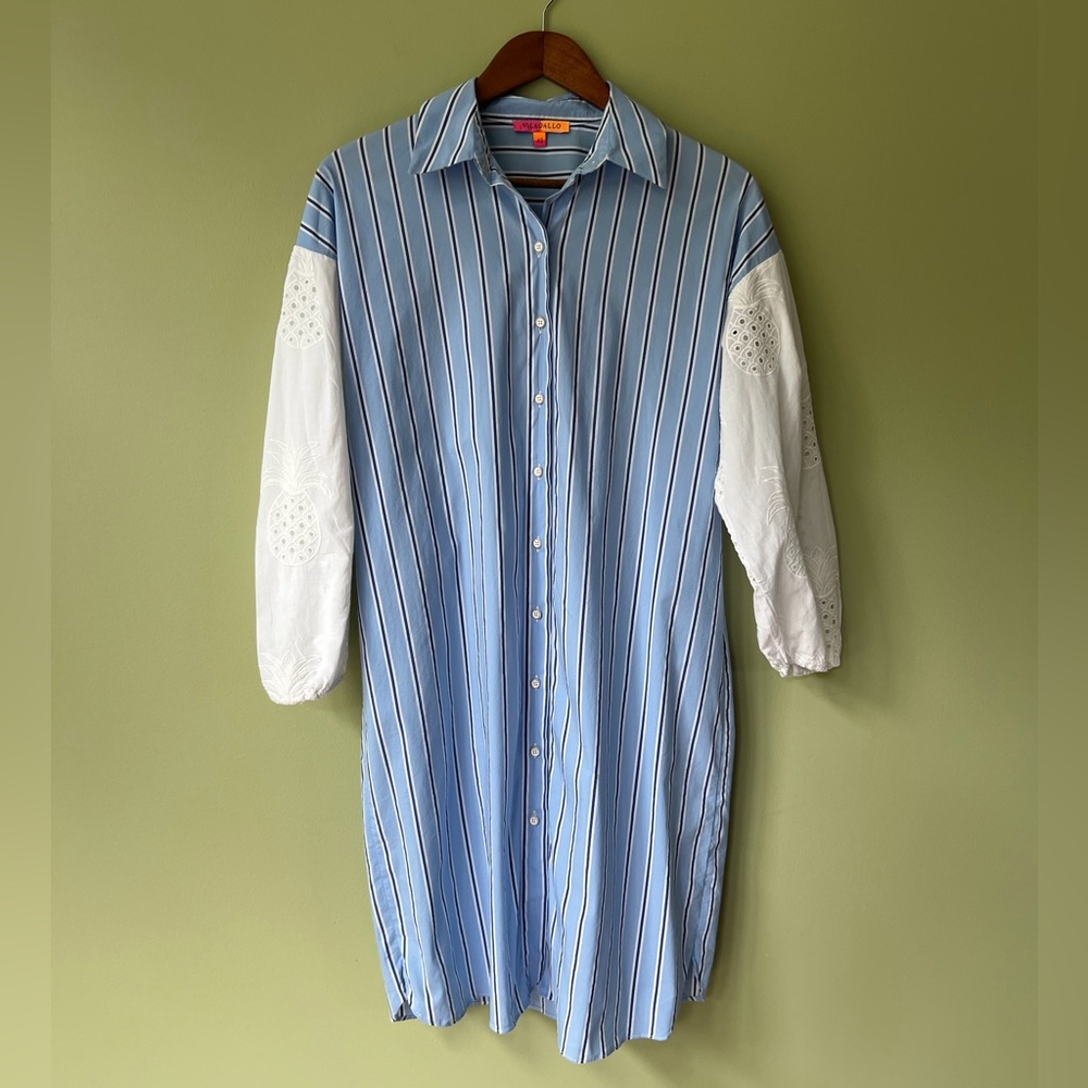 Vilagallo NWOT Striped Eyelet Pineapple Balloon Sleeve Cotton Shirt Dress